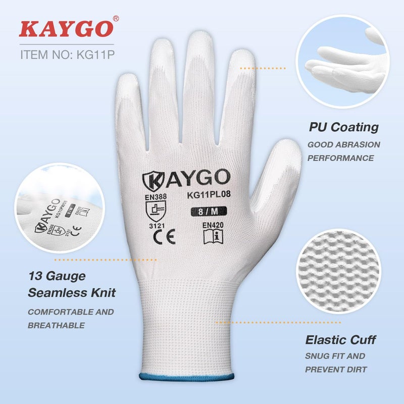 KAYGO Safety Work Gloves PU Coated-12 Pairs, KG11PB, Seamless Knit Glove with Polyurethane Coated Smooth Grip on Palm & Fingers, for Men and Women, Ideal for General Duty Work (Medium, White) - Image 2
